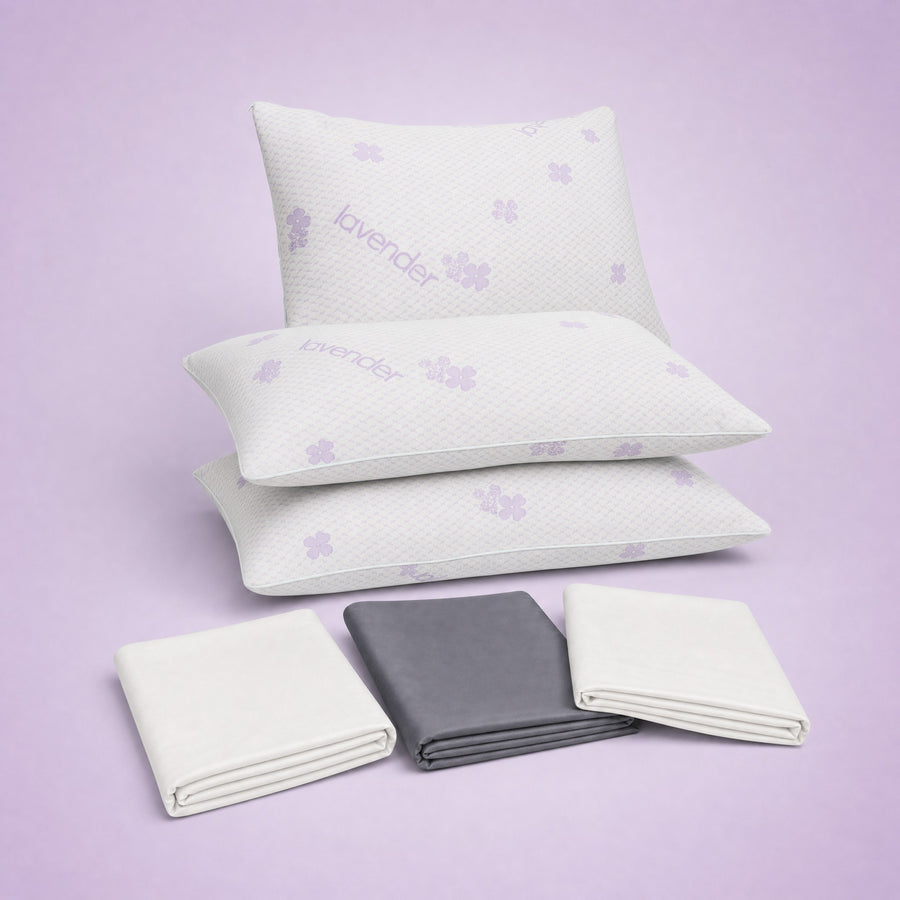 Tre Hushly PerfectPillow-puder stablet med tre bambus-betræk i hvid og grå